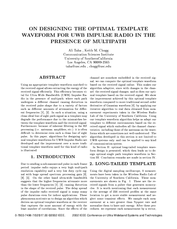 (PDF) On designing the optimal template waveform for UWB impulse radio ...