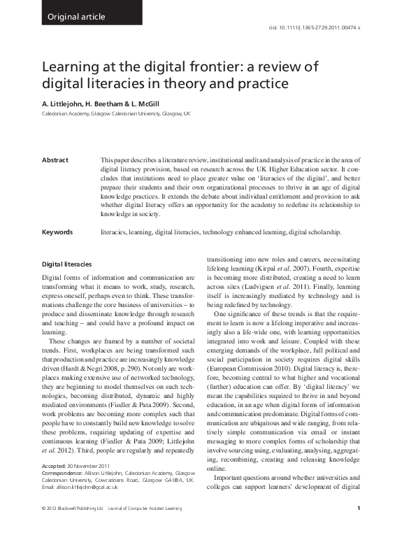(PDF) Learning at the digital frontier: a review of digital literacies ...