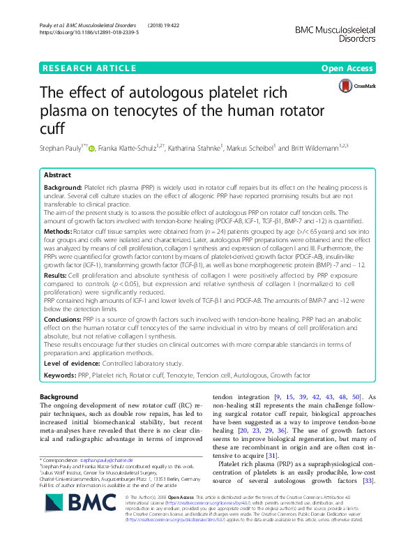 (PDF) The effect of autologous platelet rich plasma on tenocytes of the ...