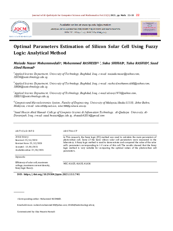 (PDF) Optimal Parameters Estimation of Silicon Solar Cell Using Fuzzy ...