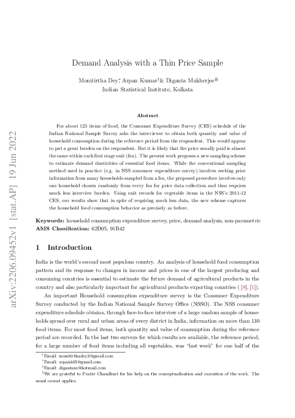 (PDF) Demand Analysis with a Thin Price Sample Arpan Kumar Academia.edu