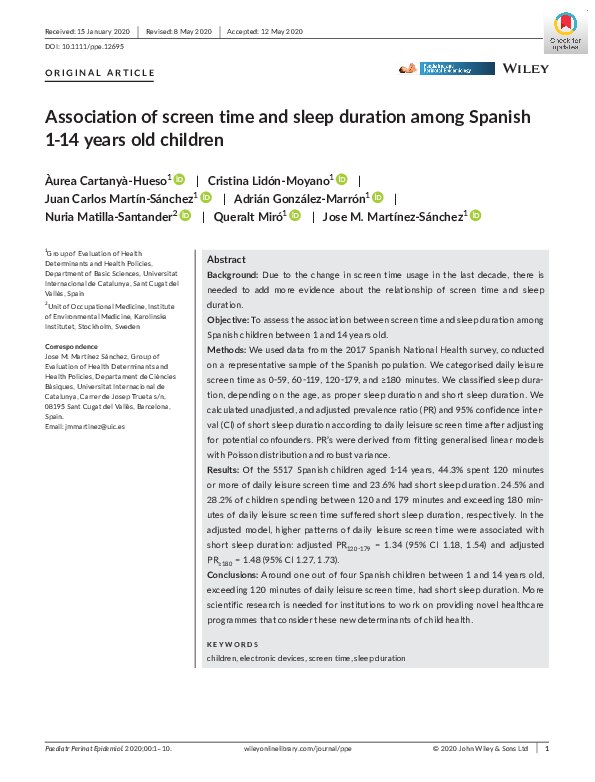(PDF) Association of screen time and sleep duration among Spanish 1‐14 ...