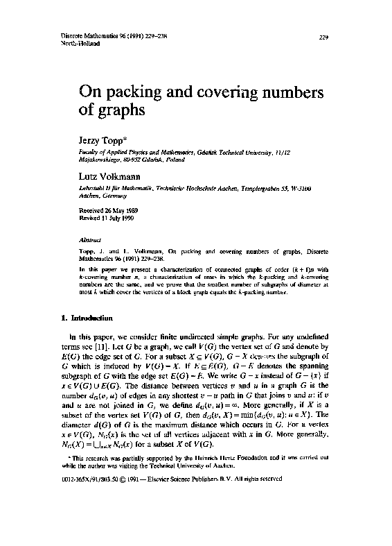 (PDF) On packing and covering numbers of graphs Jerzy Topp Academia.edu