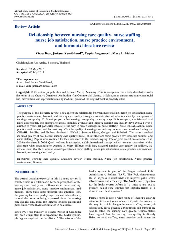 (PDF) Relationship between nursing care quality, nurse staffing, nurse job satisfaction, nurse