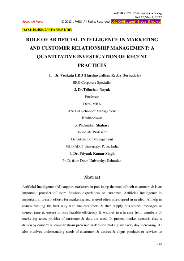 (PDF) ROLE OF ARTIFICIAL INTELLIGENCE IN MARKETING AND CUSTOMER