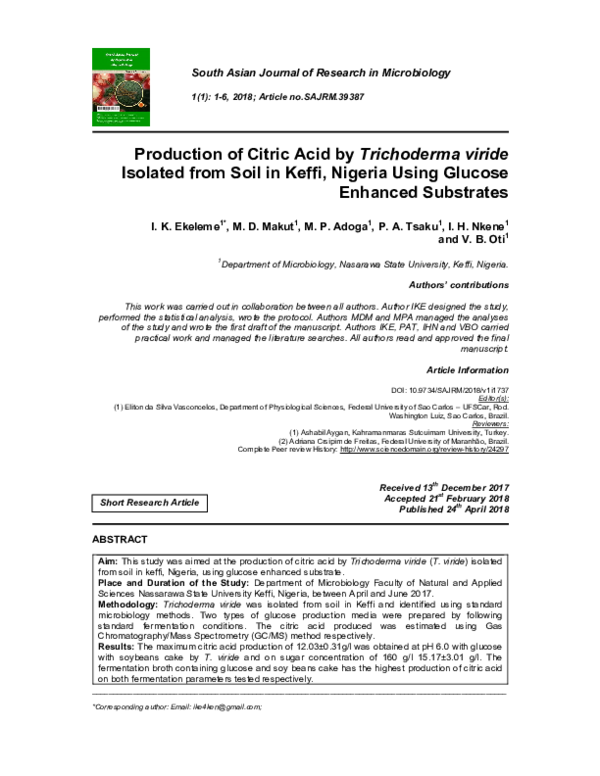 (PDF) Production of Citric Acid by Trichoderma viride Isolated from ...