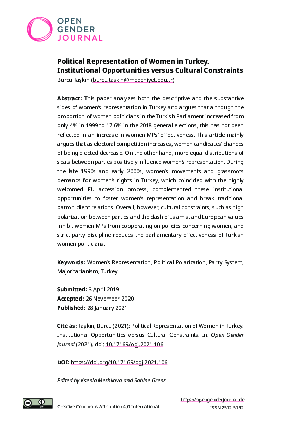 (PDF) Political Representation of Women in Turkey