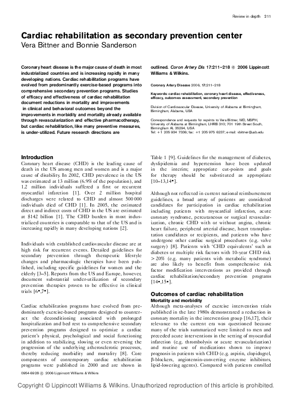 (PDF) Cardiac rehabilitation as secondary prevention center