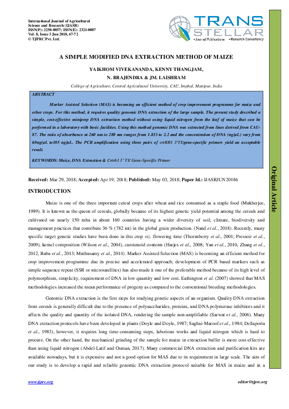 (PDF) A SIMPLE MODIFIED DNA EXTRACTION METHOD OF MAIZE