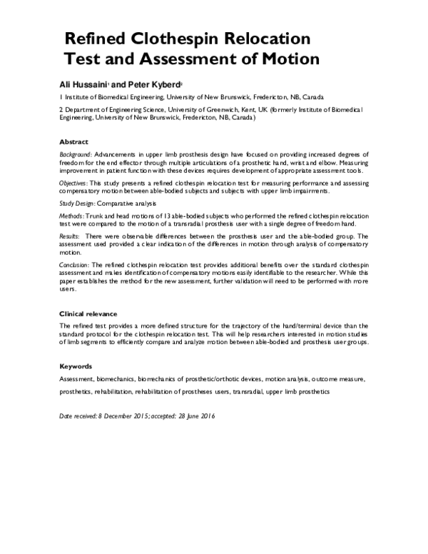 (PDF) Refined clothespin relocation test and assessment of motion