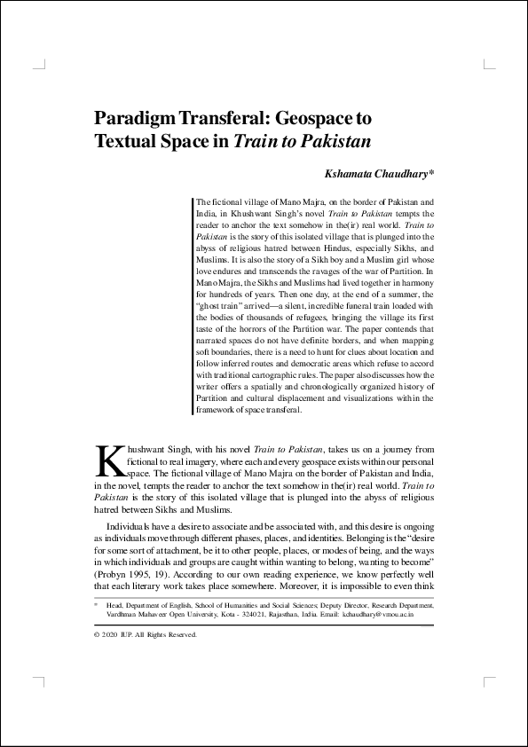 (PDF) Paradigm Transferal: Geospace to Textual Space in Khushwant Singh ...