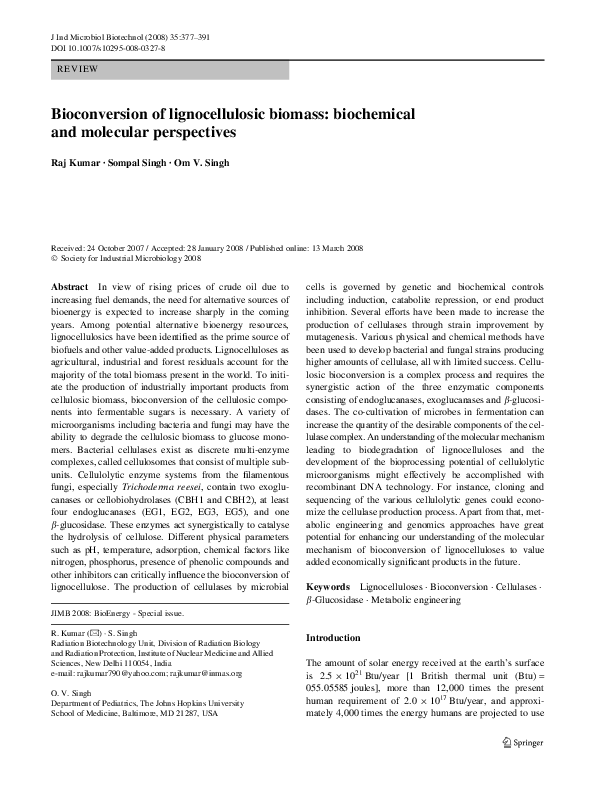 (PDF) Bioconversion of lignocellulosic biomass: biochemical and ...