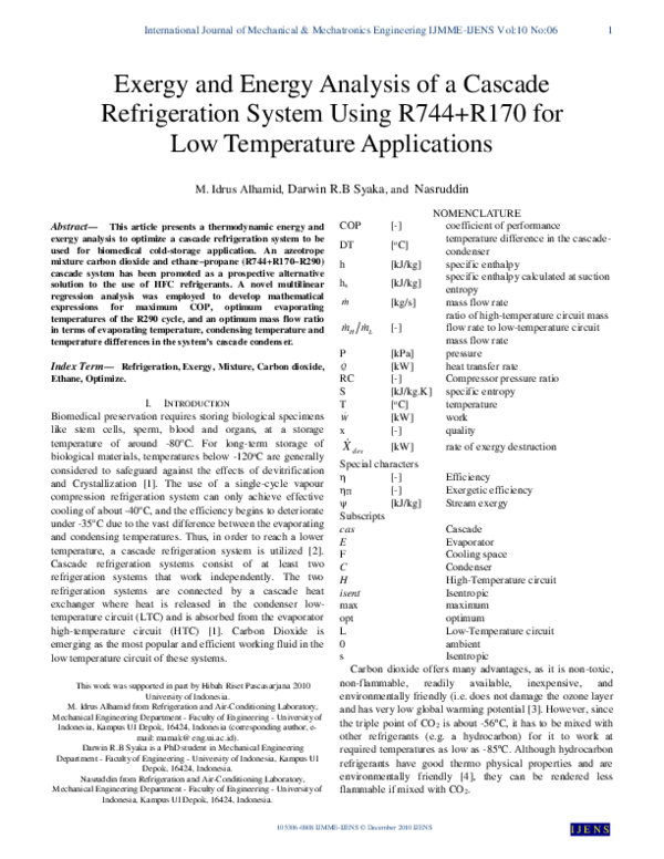 (PDF) Exergy and Energy Analysis of a Cascade Refrigeration System ...