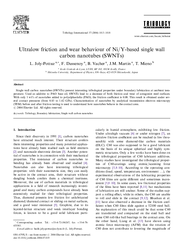 (PDF) Ultralow friction and wear behaviour of Ni/Y-based single wall ...