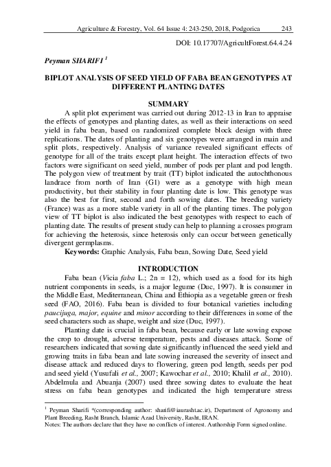 (PDF) Biplot Analysis of Seed Yield of Faba Bean Genotypes at Different ...
