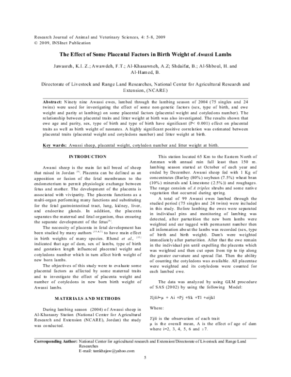 (PDF) The effect of some placental factors in birth weight of Awassi lambs