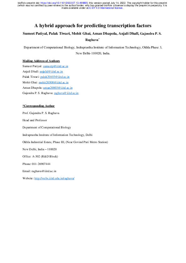 (PDF) A hybrid approach for predicting transcription factors