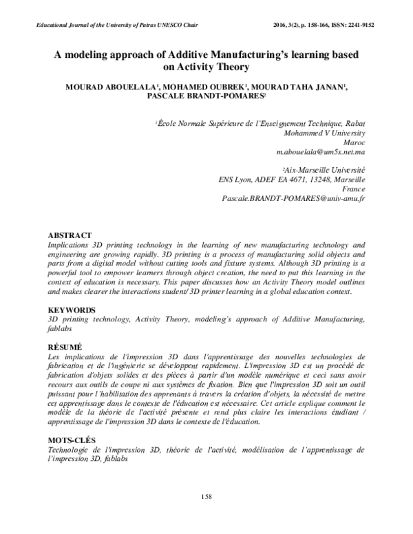 (PDF) A modeling approach of Additive Manufacturing's learning based on ...