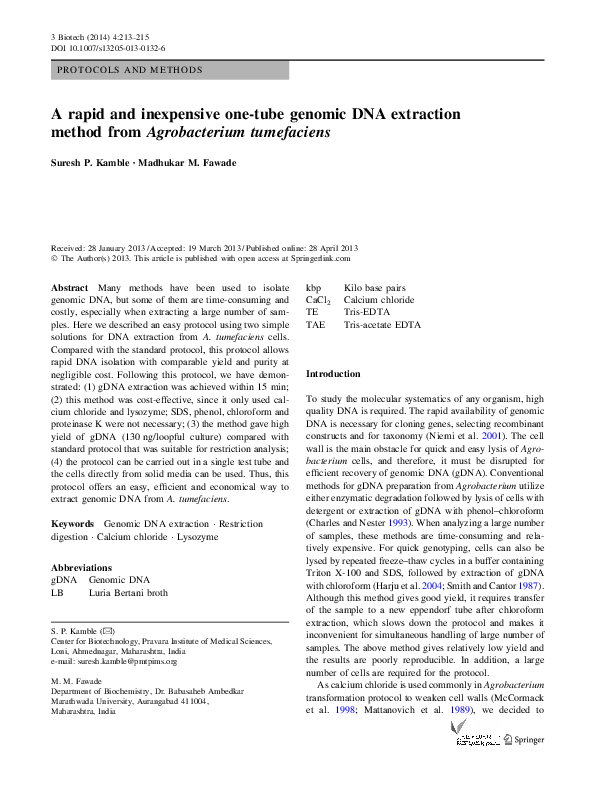 (PDF) A rapid and inexpensive one-tube genomic DNA extraction method ...