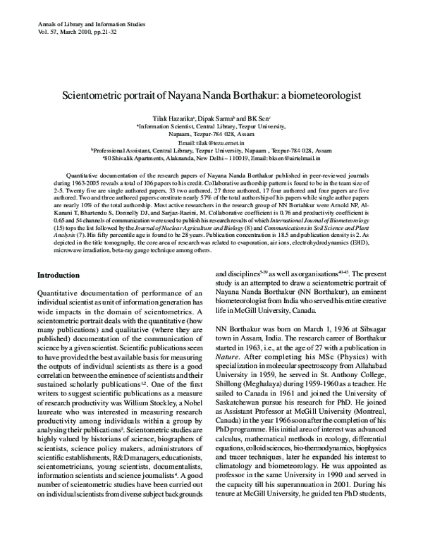 (PDF) Scientometric portrait of Nayana Nanda Borthakur: a biometeorologist