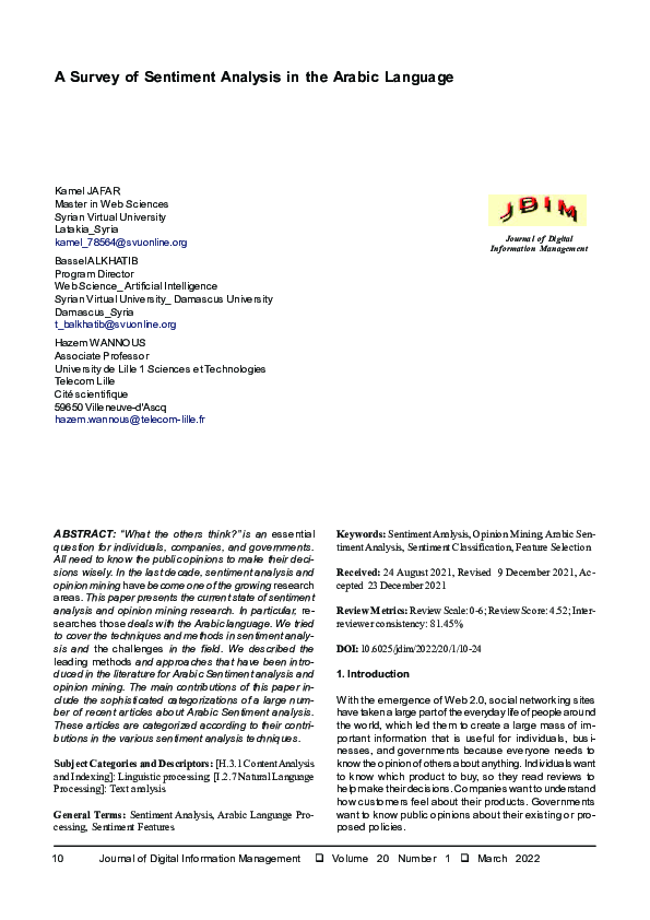 (PDF) A Survey of Sentiment Analysis in the Arabic Language