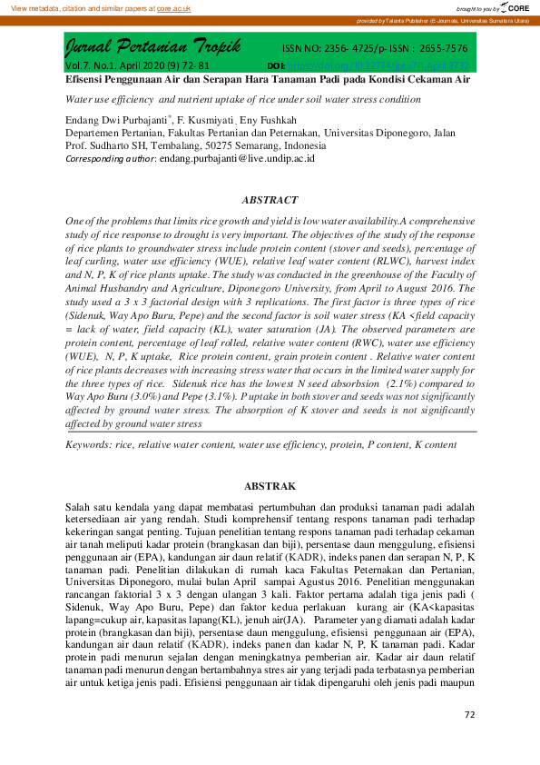 (PDF) Water use efficiency and nutrient uptake of rice under soil water ...