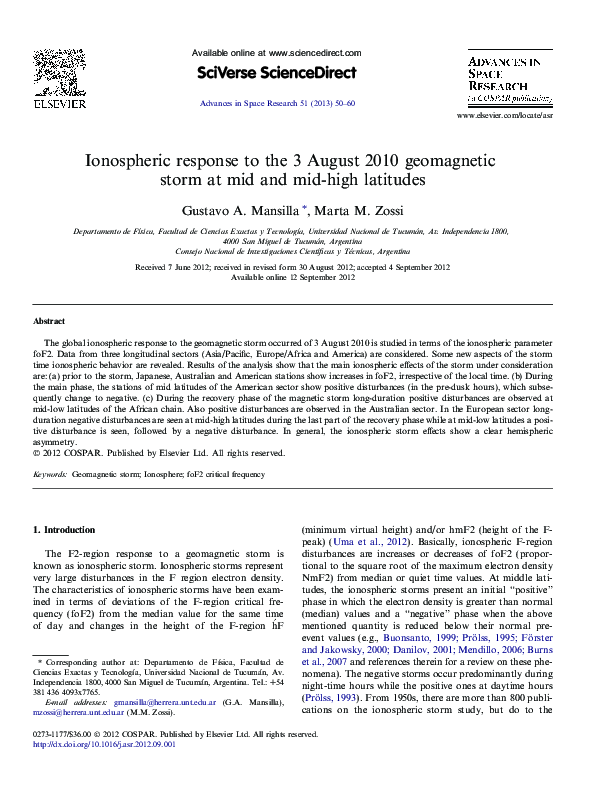 (PDF) Ionospheric response to the 3 August 2010 geomagnetic storm at ...