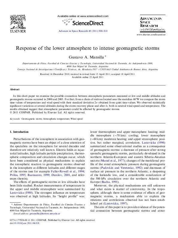 (PDF) Response of the lower atmosphere to intense geomagnetic storms