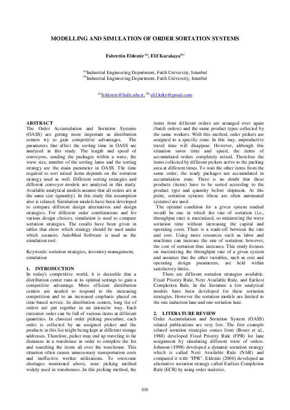 (PDF) Modeling and Simulation of Order Sortation Systems