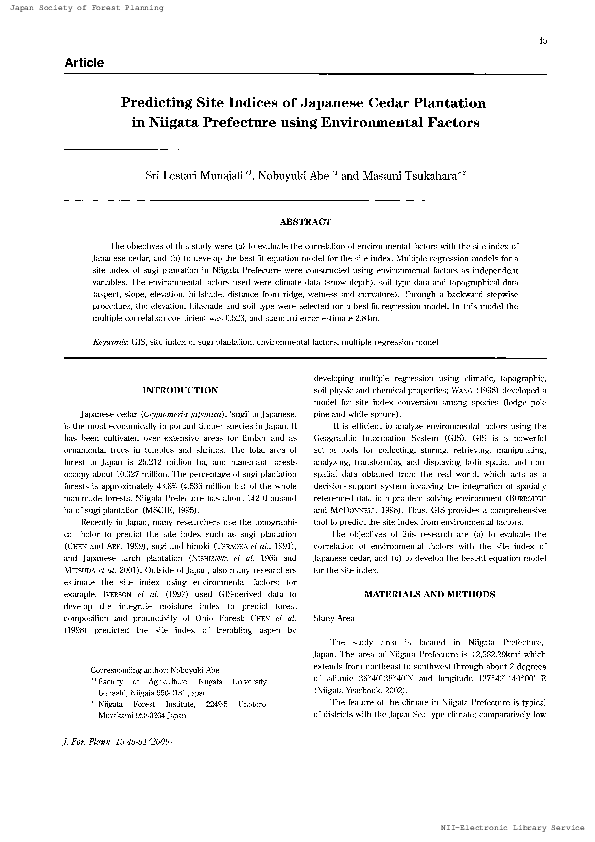 (PDF) Predicting Site Indices of Japanese Cedar Plantation in Niigata ...