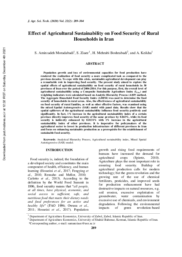 (PDF) Effect of Agricultural Sustainability on Food Security of Rural ...