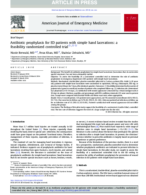(PDF) Antibiotic prophylaxis for emergency department patients with simple hand lacerations A