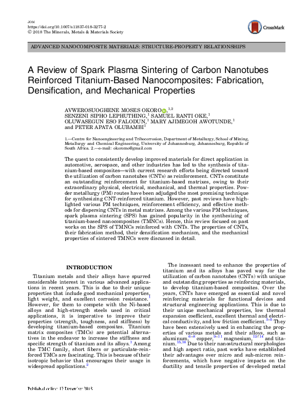 (PDF) A Review of Spark Plasma Sintering of Carbon Nanotubes Reinforced ...