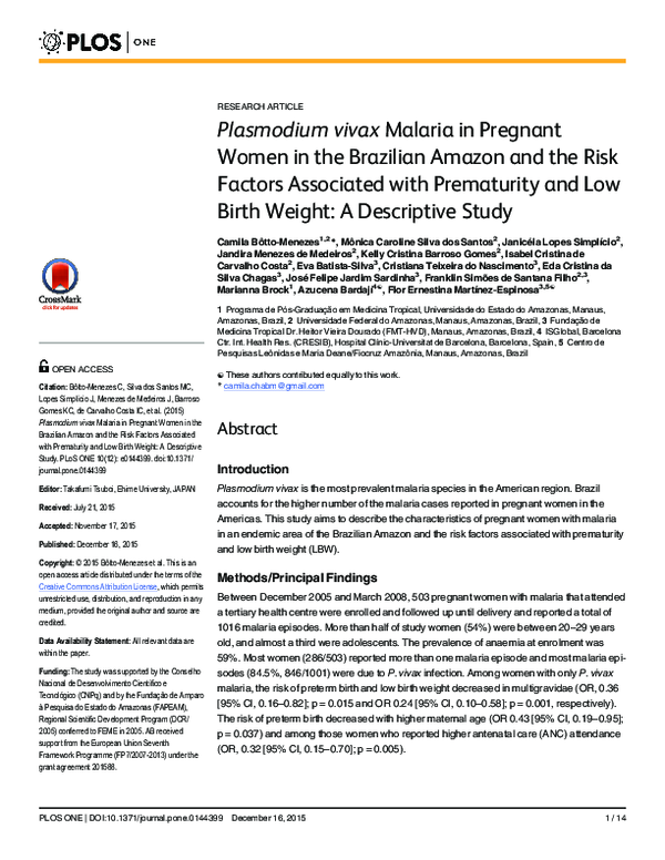 (PDF) Plasmodium vivax Malaria in Pregnant Women in the Brazilian ...