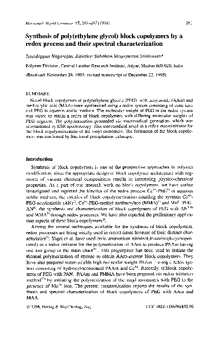 (PDF) Synthesis of Poly(ethylene glycol) Block Copolymers as Potential ...