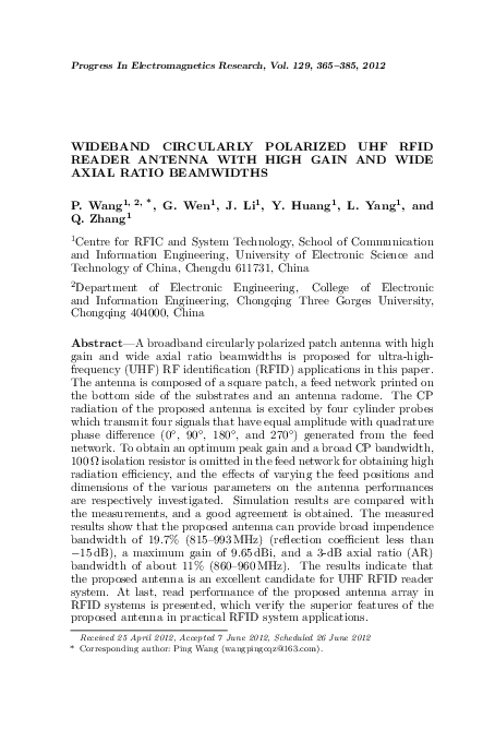 (PDF) Wideband Circularly Polarized Uhf Rfid Reader Antenna with High ...