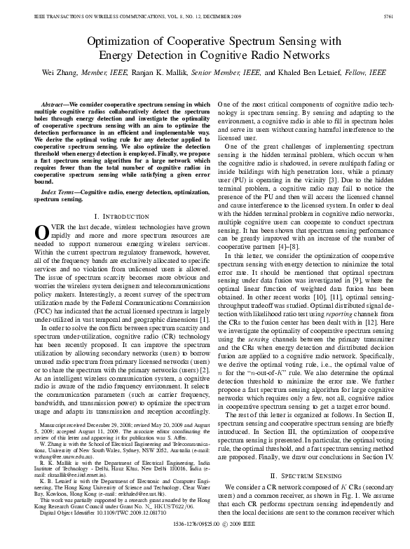 (PDF) Optimization of cooperative spectrum sensing with energy ...