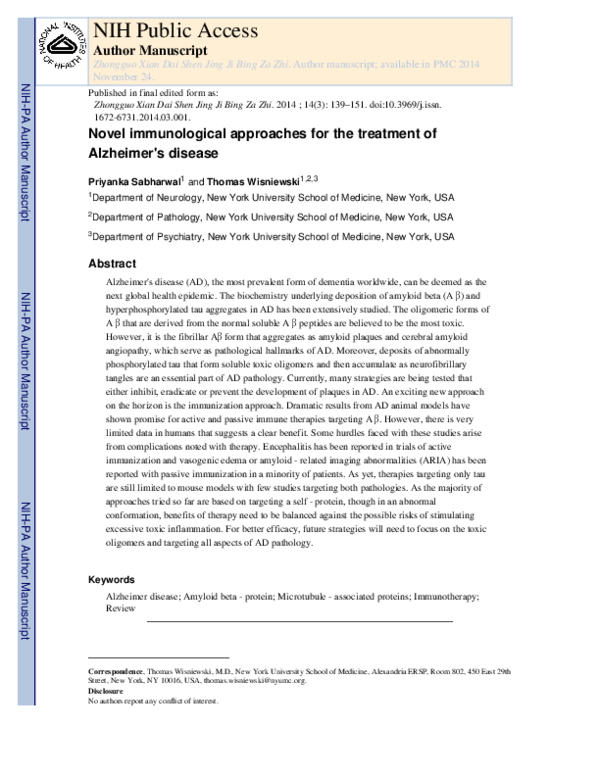 (PDF) Novel immunological approaches for the treatment of Alzheimer's ...