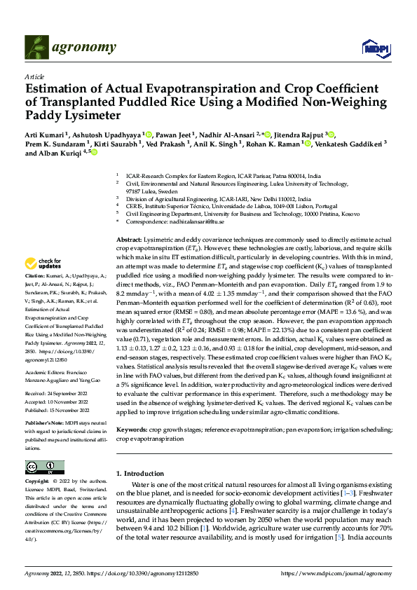 (PDF) Estimation of Actual Evapotranspiration and Crop Coefficient of ...