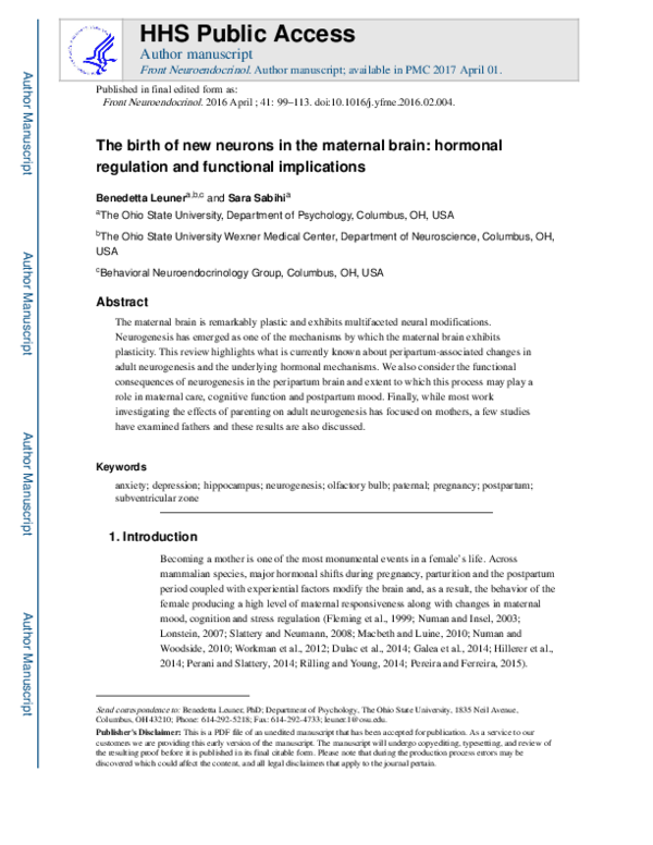(PDF) The birth of new neurons in the maternal brain: Hormonal ...