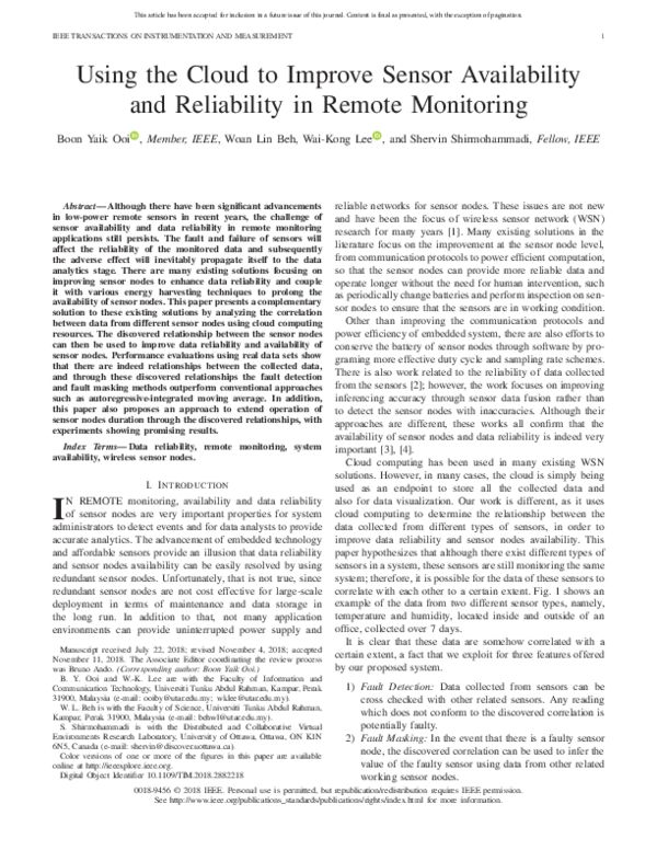 (PDF) Using the Cloud to Improve Sensor Availability and Reliability in ...