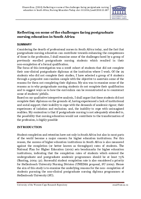 (PDF) Reflecting on some of the challenges facing postgraduate nursing ...