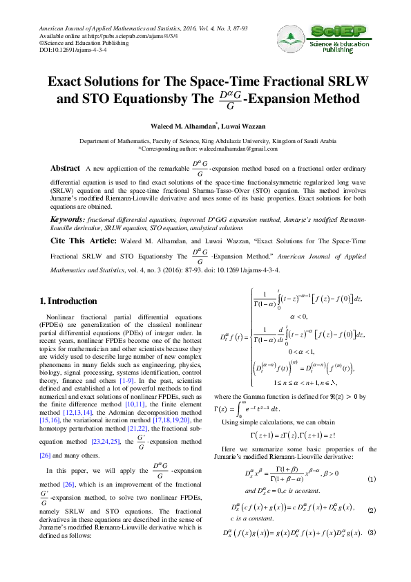 (PDF) Exact Solutions for The Space-Time Fractional SRLW and STO ...