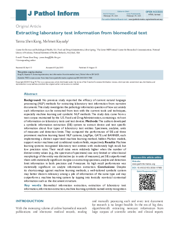 (PDF) Extracting laboratory test information from biomedical text