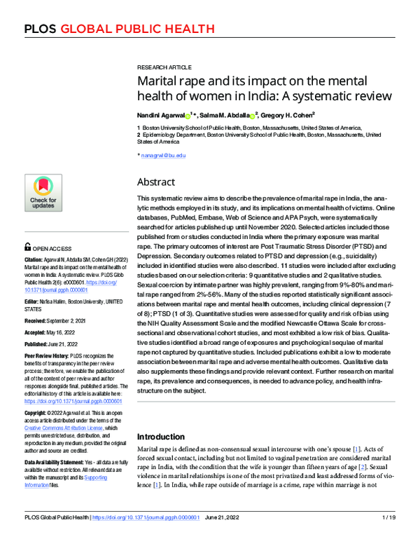 (PDF) Marital rape and its impact on the mental health of women in ...