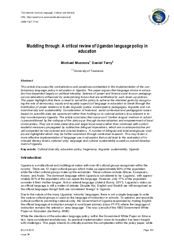 (PDF) Muddling through: a critical review of Ugandan language policy in ...