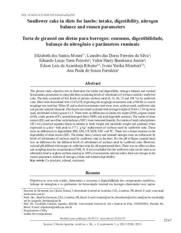 (PDF) Sunflower cake in diets for lambs intake, digestibility