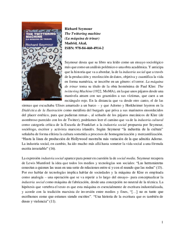 (PDF) Richard Seymour: The Twittering machine (La máquina de trinar ...