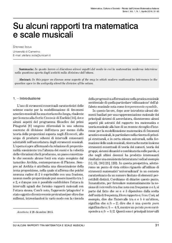 (PDF) Su alcuni rapporti tra matematica e scale musicali