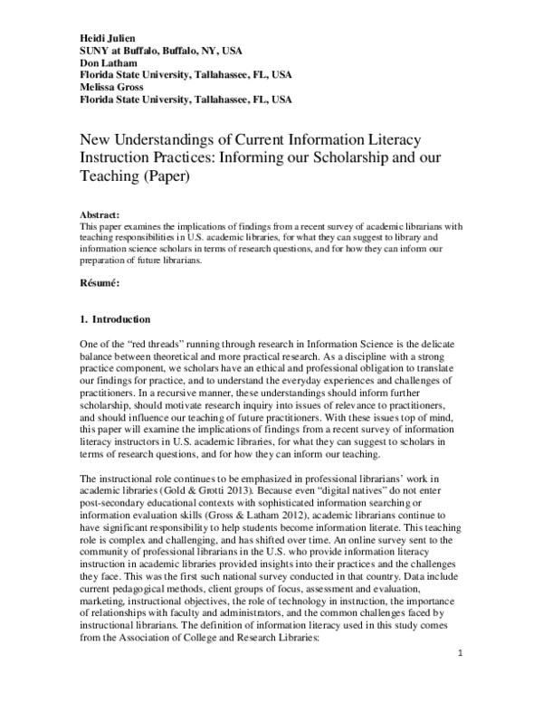 (PDF) New Understandings of Current Information Literacy Instruction ...